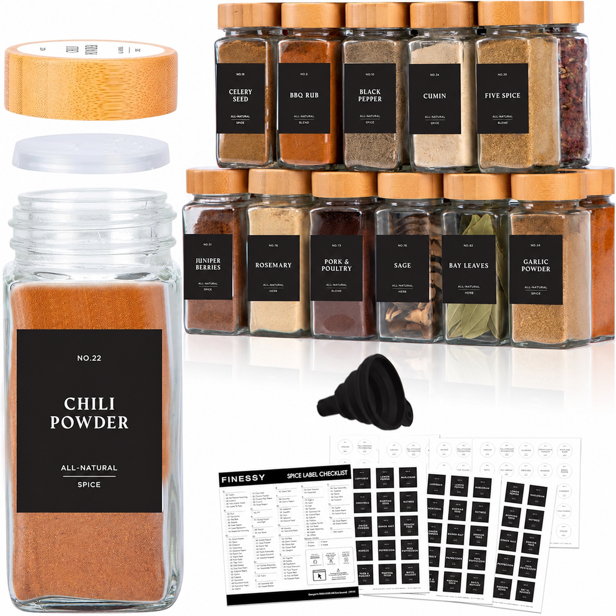 Glass Spice Jars with Bamboo Lids & Labels | FINESSY