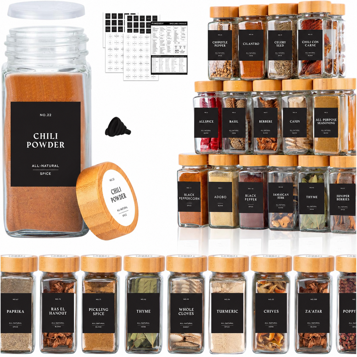 Glass Spice Jars with Bamboo Lids & Labels | FINESSY