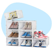The plastic shoe boxes for storage are stacked on top of each other to save space and to organize shoe collection