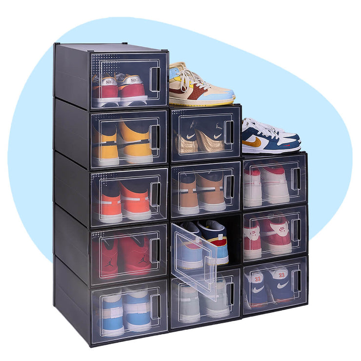 12 packs of stackable extra large shoe boxes in color black with different shoes organized inside the shoe box
