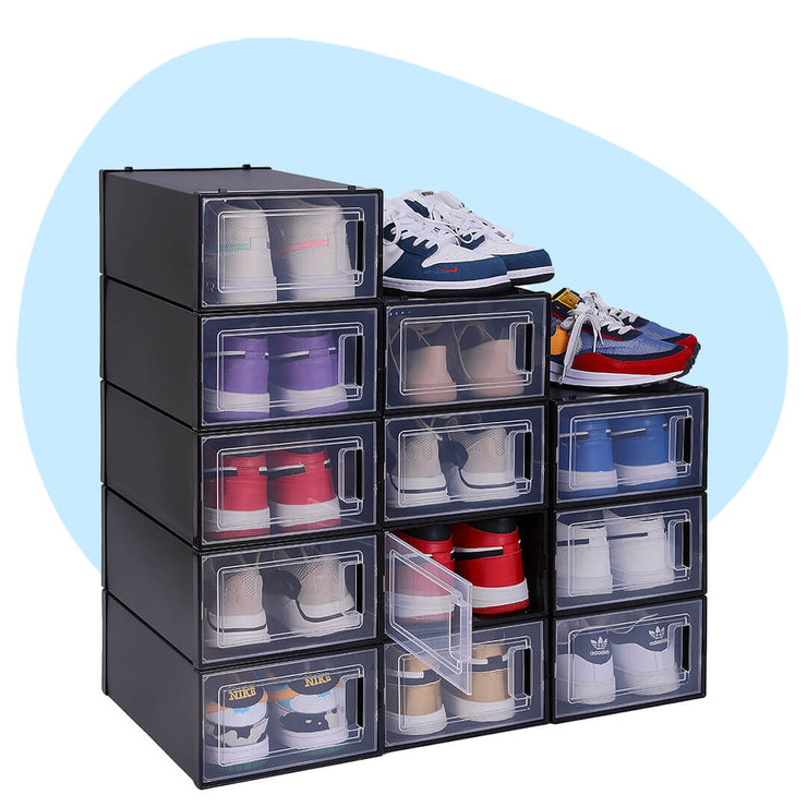 12 packs of black medium shoe organizer with different types of shoes inside the shoe storage box