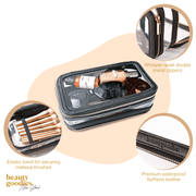 A high-end make up bag, decked out with whisper-quiet metal zippers, elastic band for securing makeup brushes. 