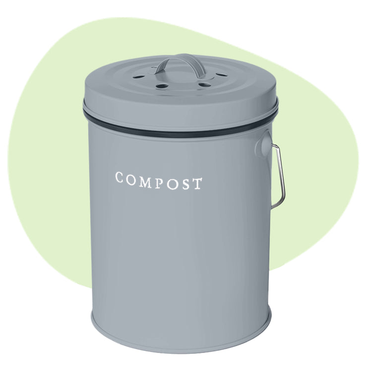 A beautiful grey kitchen compost bin countertop with minimalist white logo. 