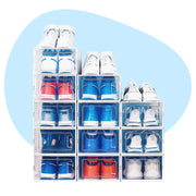 12 packs of clear and stackable shoe boxes with shoe collection inside