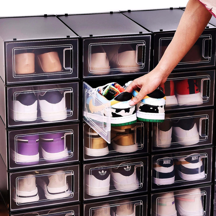 drop front type of shoe storage organizer with different sneakers