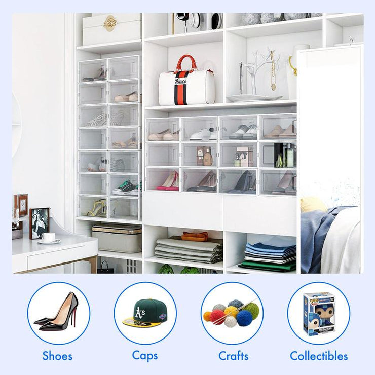 The Neatly stackable shoe boxes in the closet to keep it clean and neat! The closet shoe organizers provides additional storage space without cluttering up your living space.