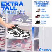 Extra tall 360 degree clear shoe box are designed to fit oversized shoes like high heels, high top sneaker, ankle boots.