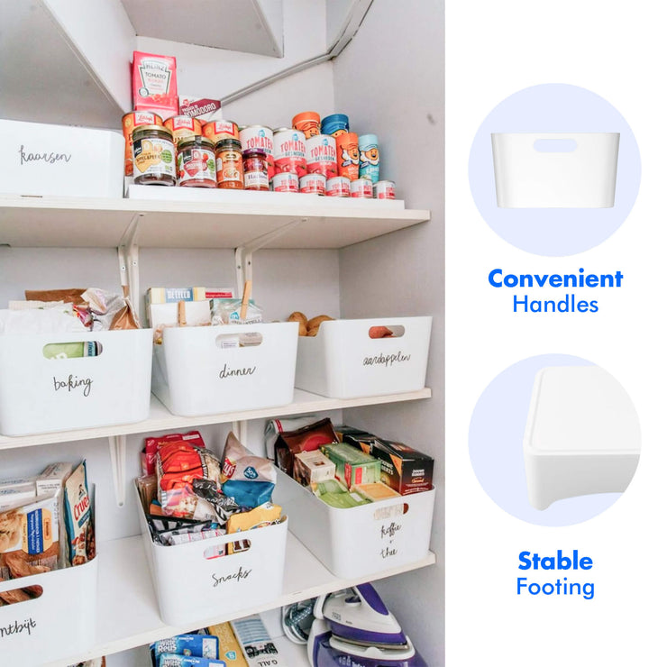 With convenient handles, these white plastic storage bins are super stable and easy to lift and transport